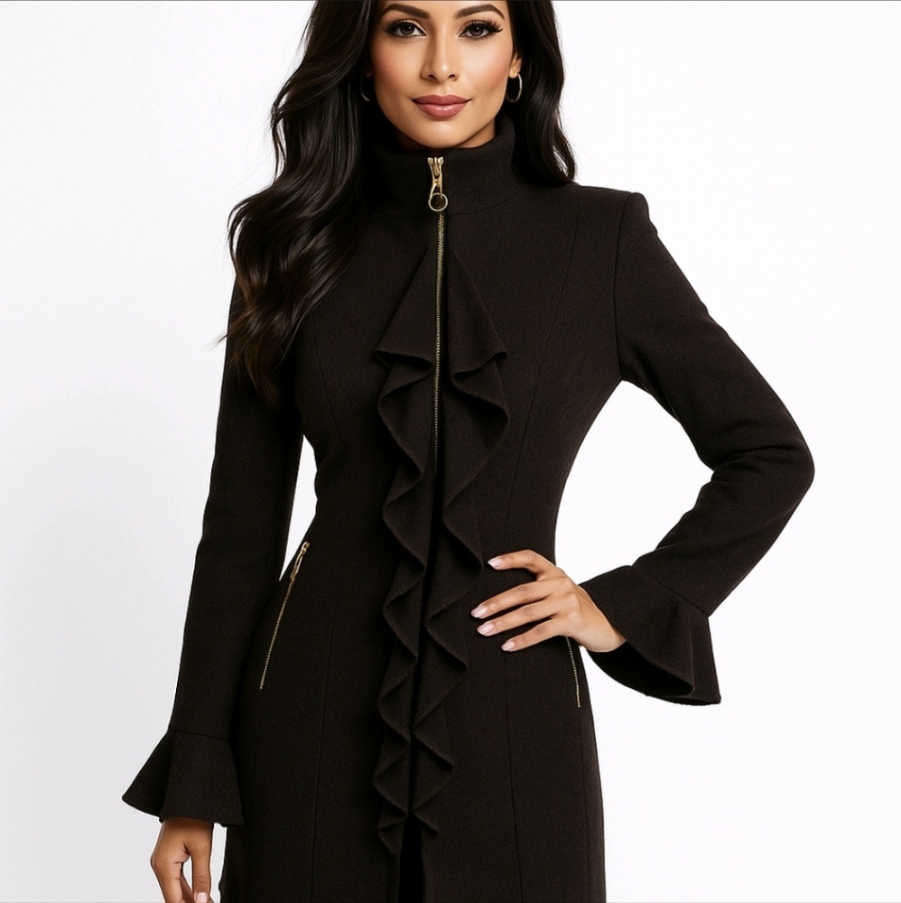Tahari Coat Black Wool Classic Ruffle Front & Cuffs Mid Length Size 2P R…